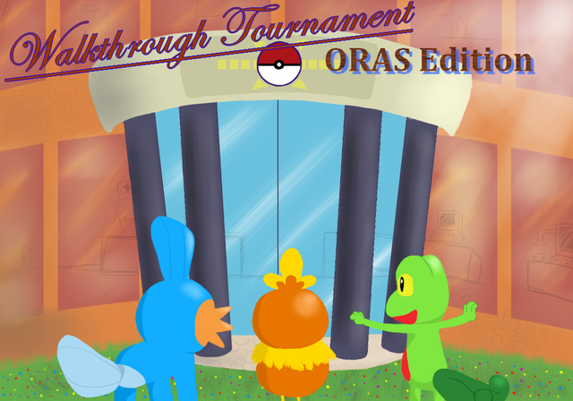 Hoenn starters in front of a Pokemon Center