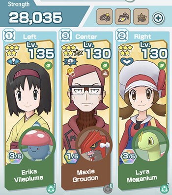Maxie (Groudon), Erika (Vileplume), and Lyra (Meganium)