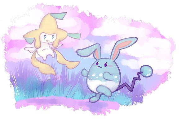 Jirachi chasing Azumarill art by LifeisDANK