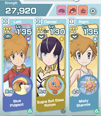 Blue (Pidgeot), Sygna Suit Elesa (Rotom), and Misty (Starmie)