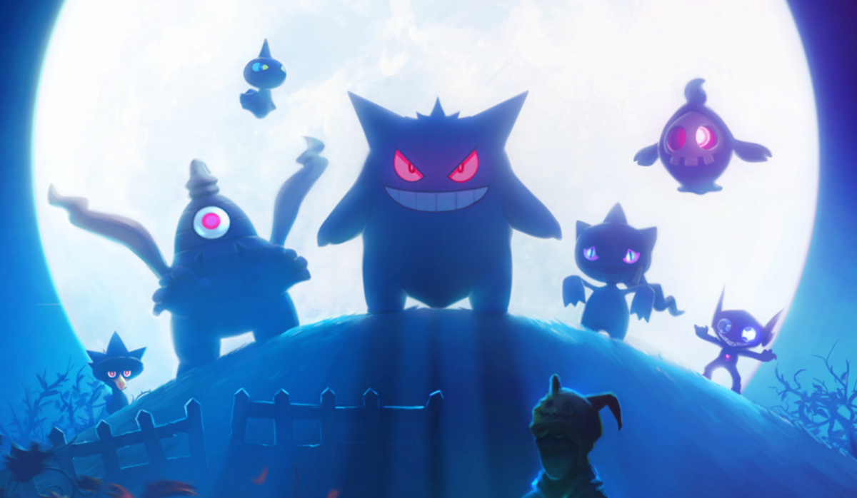 A pale bright moon crests a hill, illuminating several Ghost-type Pokemon. Gengar, Baette, and others bear down upon the viewer, wearing sinister grins.