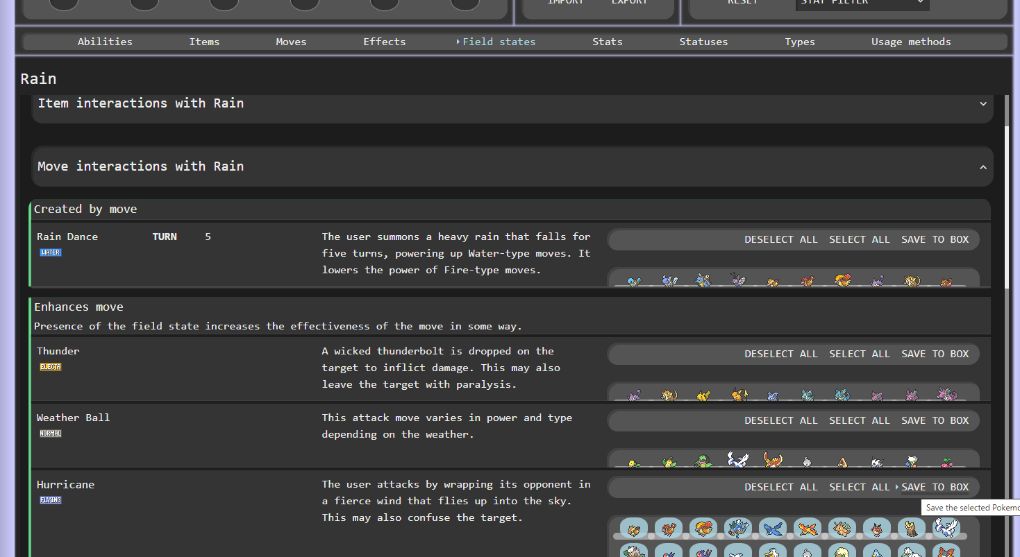 Page for rain, listing e.g. moves which are enhanced by Rain, such as Thunder and Hurricane.