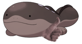clodsire with a jarringly photorealistic human hand making a thumbs up