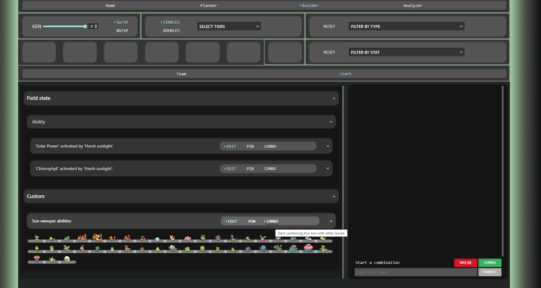 Combo box created. We can create new combos with this box, or pin/star it for the team building tab.