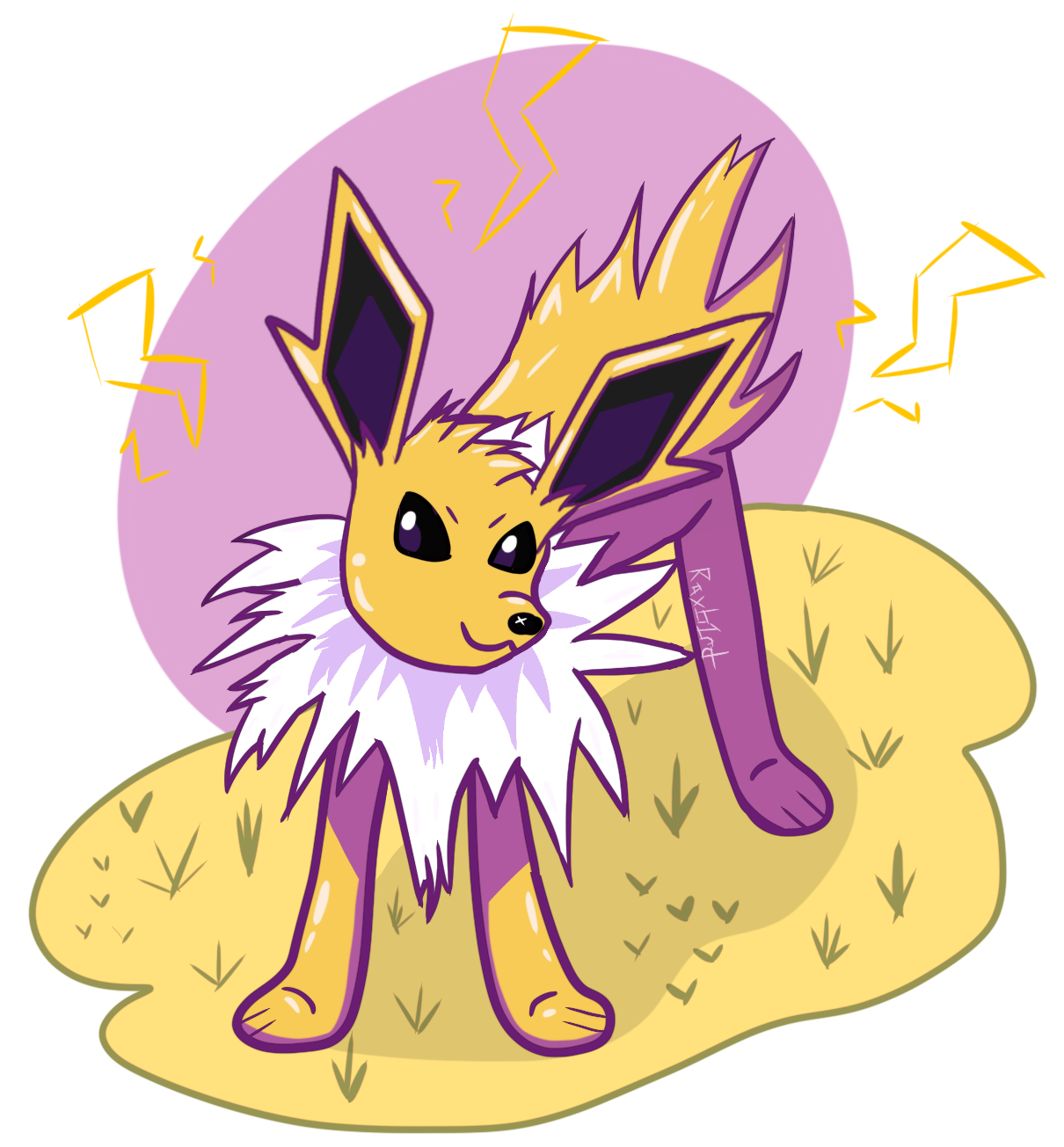 A Jolteon with purple highlights on a yellow and purple background