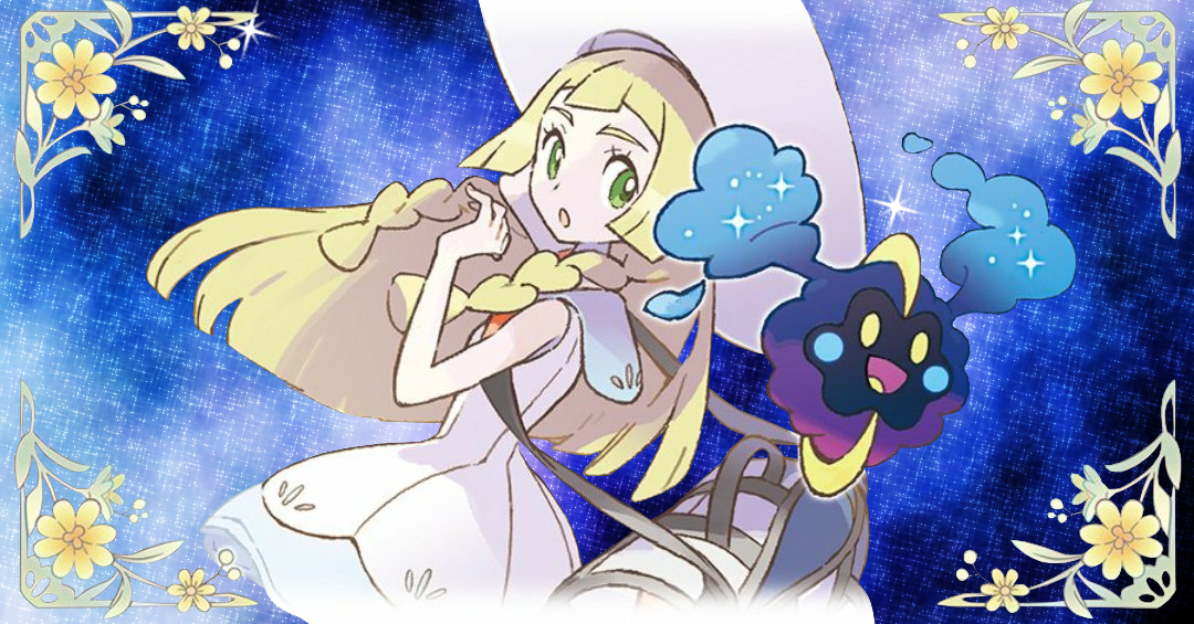 Lillie looking over her shoulder at the player, with Nebby emerging from her bag.