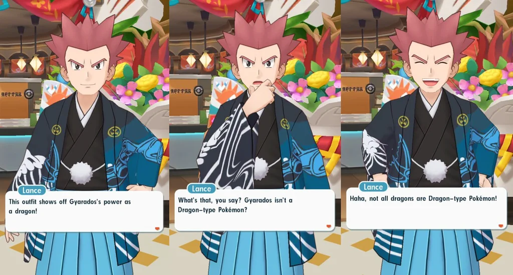 Three images of Lance from Pokemon Masters, each with dialogue.  The first says 'This outfit shows off Gyarados's power as a dragon!', the second says 'What's that, you say? Gyarados isn't a Dragon-type Pokémon?', and the third says 'Haha, not all dragons are Dragon-type Pokémon!'