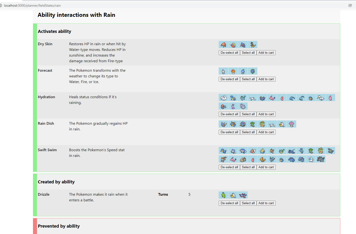 Opened up Ability accordion. We can see which abilities create rain, and also which abilities benefit from rain.