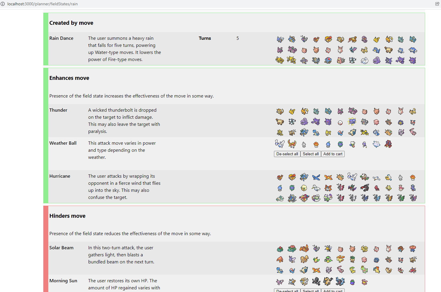 Again on the 'rain' page, but this time with the move accordion opened. You can see which moves create rain, as well as which moves are enhanced by rain, and so on.