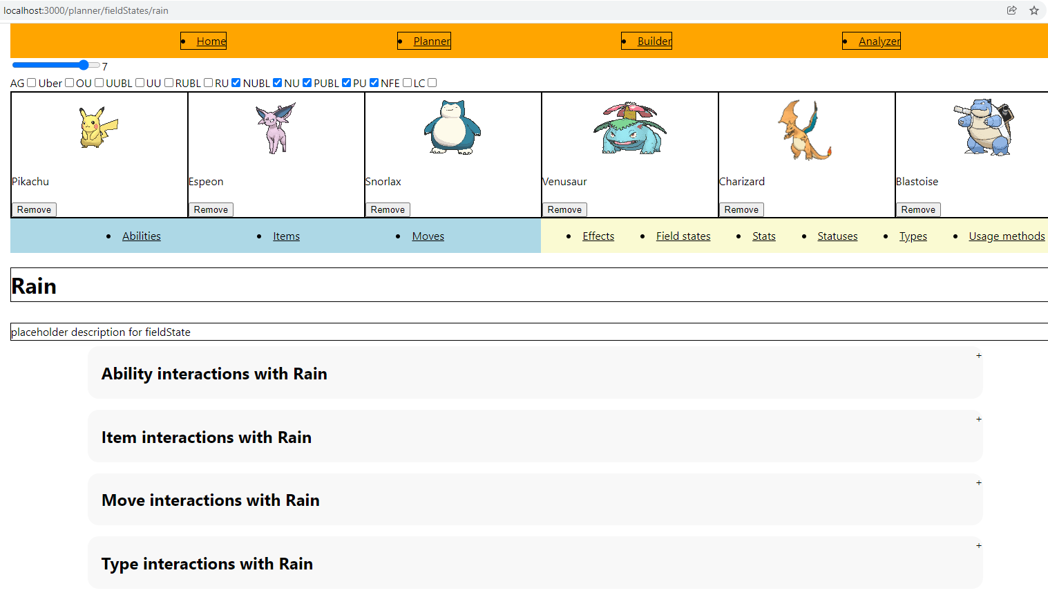 Generated information page on the rain weather effect. Four accordions with information on how rain interacts with other mechanics (like abilities, moves, etc.).