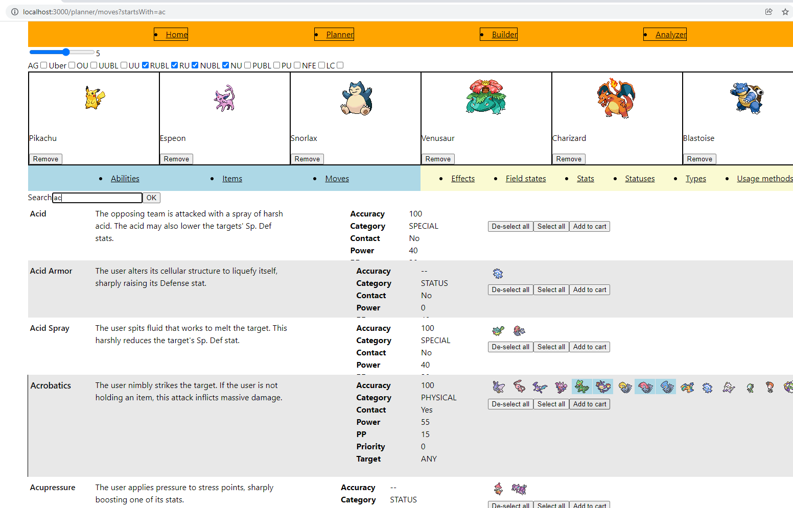 Searchable list of moves, as well as Pokemon that learn those moves. Generation and Tier filters. Team-in-progress at the top.