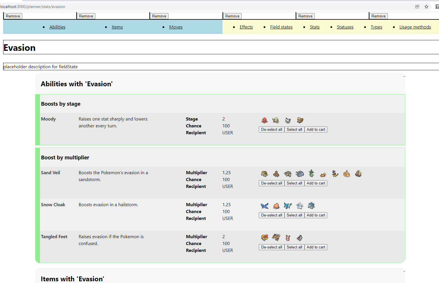 Page for the 'evasion' stat, showing which abilities boost evasion.