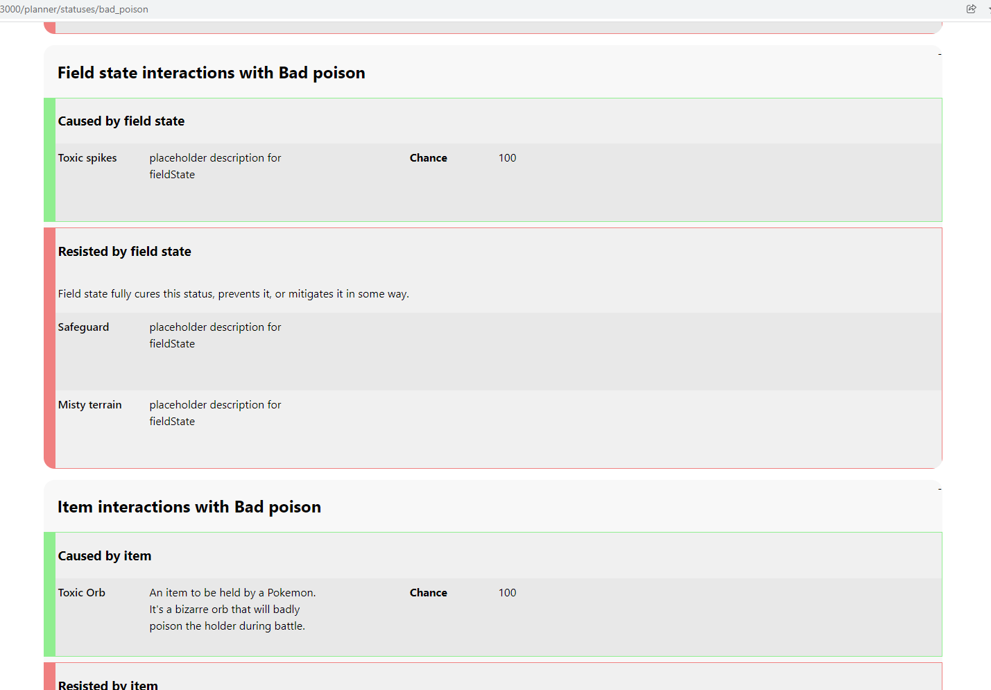 Screenshot of page for the status 'bad poison' (toxic). It shows field state and item interactions.