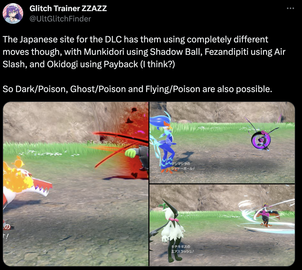Twitter user @UltGlitchFinder showing screenshots of Okidogi using payback, Munkidori using Shadow Ball, and Fezandipiti using air slash