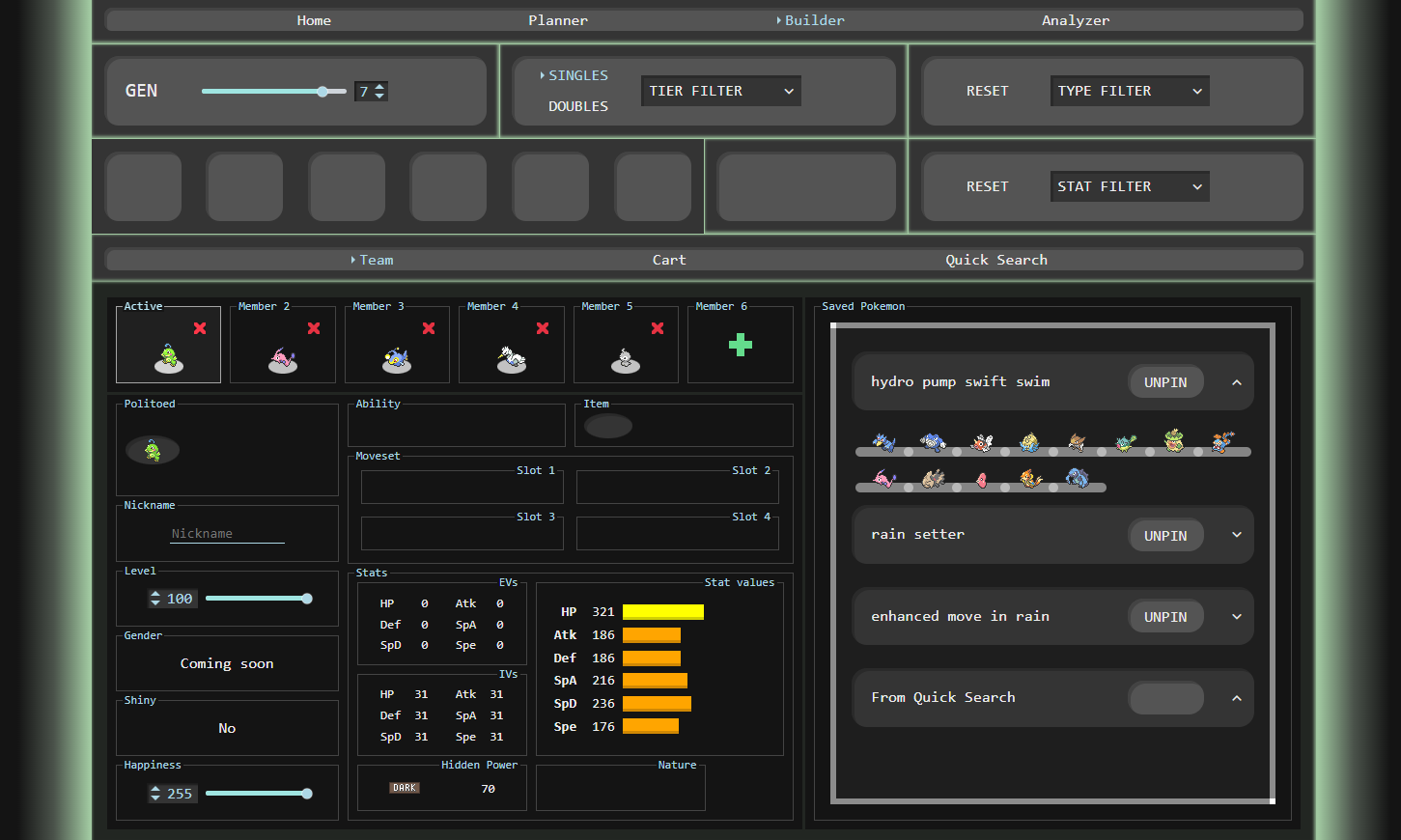 Basic view of team builder. Boxes from cart on the right. Teambuilder UI on the left