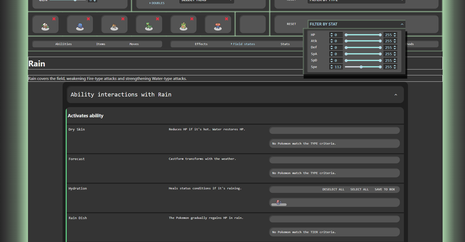 Stat filter with minimum base speed set to 112. Only Accelgor remains on-screen.