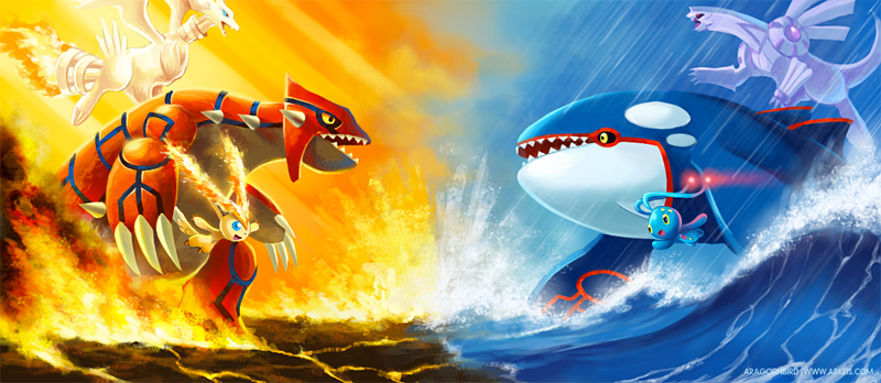 Groudon, Victini, and Reshiram vs. Kyogre, Manaphy, and Palkia